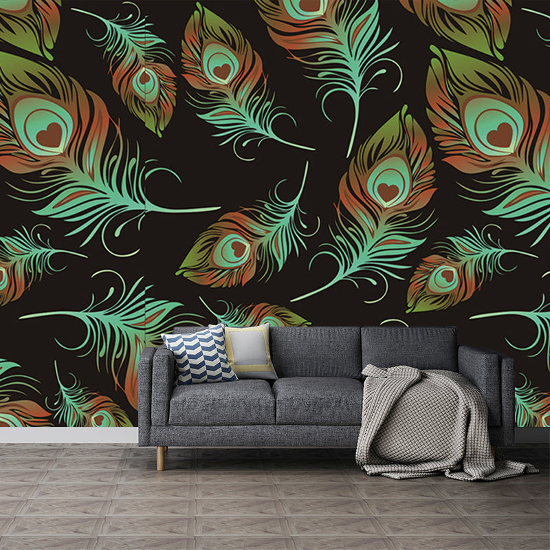 Feathers Wallpaper Murals in Black and Green, Contemporary Wall Art for Living Room Clearhalo 'Wall Decor' 'Wall Mural' 1209837