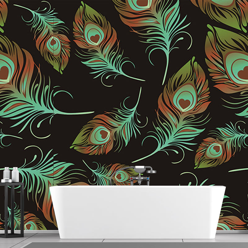 Feathers Wallpaper Murals in Black and Green, Contemporary Wall Art for Living Room Clearhalo 'Wall Decor' 'Wall Mural' 1209838