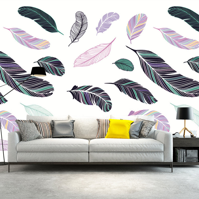 Feathers Pattern Murals Contemporary Waterproofing Home Wall Covering, Personalised Size Pink-Green Clearhalo 'Wall Decor' 'Wall Mural' 1209844