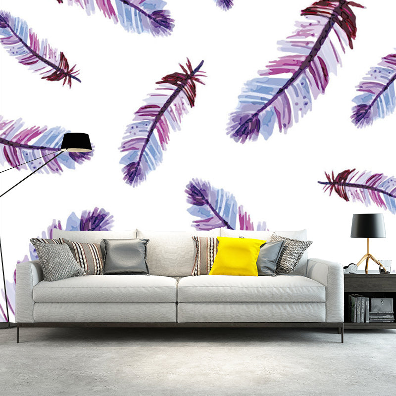 Home Decor Feathers Wall Murals Non Woven Fabric Modernist Wall Decor for Bedroom Purple Clearhalo 'Wall Decor' 'Wall Mural' 1209849