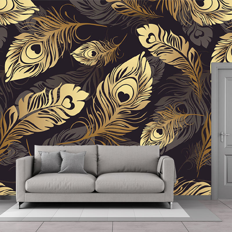 Contemporary Feather Murals in Grey and Yellow Bedroom Wall Decor, Customize Size Available Clearhalo 'Wall Decor' 'Wall Mural' 1209855