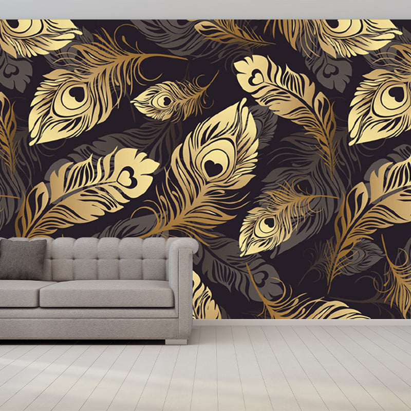 Contemporary Feather Murals in Grey and Yellow Bedroom Wall Decor, Customize Size Available Clearhalo 'Wall Decor' 'Wall Mural' 1209856