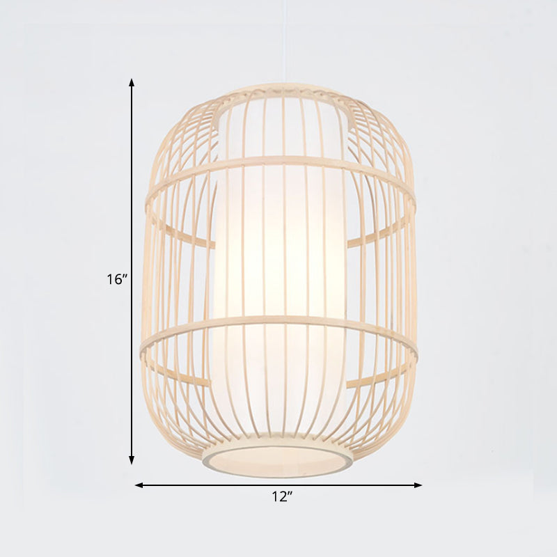 Asian Style Cylinder Shade Hanging Lamp Bamboo 1 Head Living Room Ceiling Fixture in Beige, 16