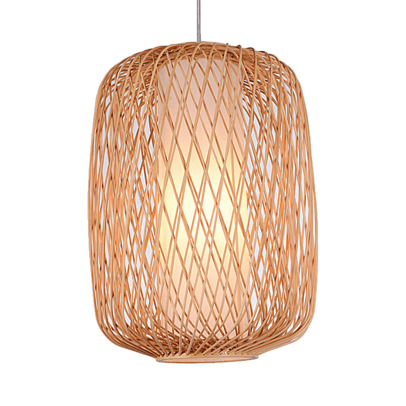 Asian Stylish Hand-Knitted Hanging Lighting with Cylinder Shade Bamboo 1 Light Living Room Pendant Lamp in Beige Clearhalo 'Ceiling Lights' 'Pendant Lights' 'Pendants' Lighting' 121048