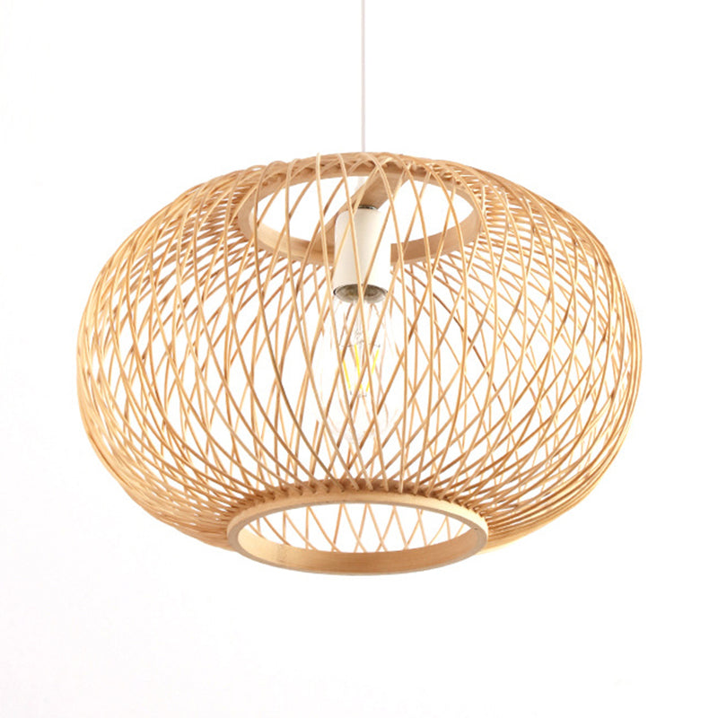 Bamboo Rounded Drum Pendant Lighting Asian Style 1 Bulb Hanging Lamp for Living Room, 16