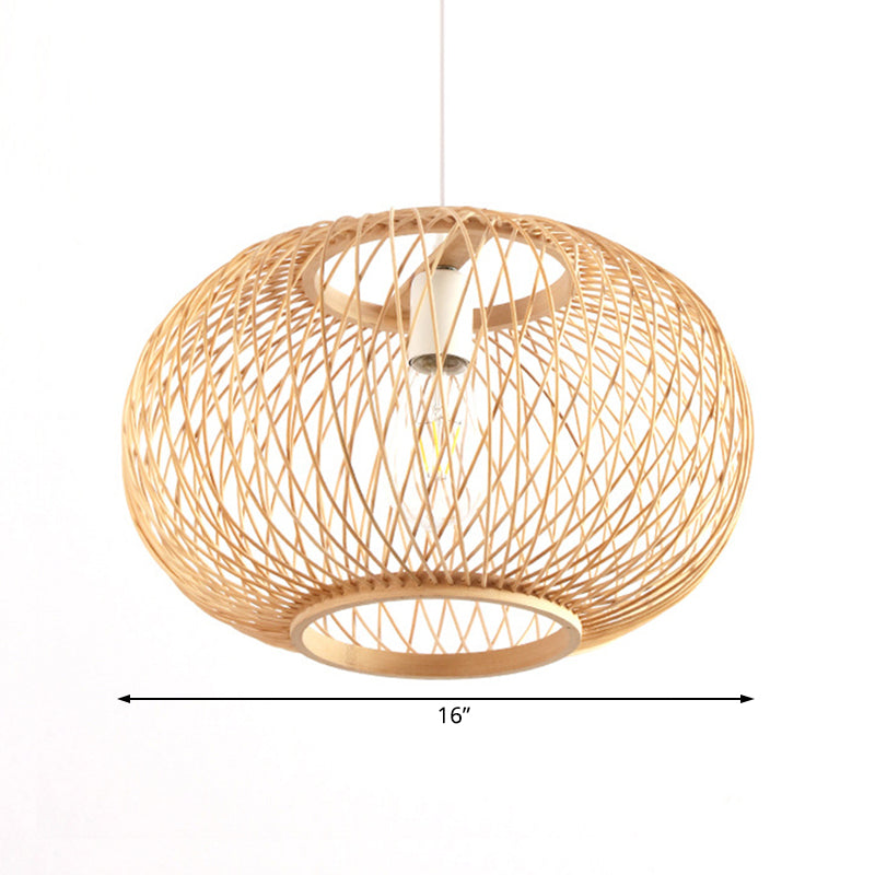 Bamboo Rounded Drum Pendant Lighting Asian Style 1 Bulb Hanging Lamp for Living Room, 16