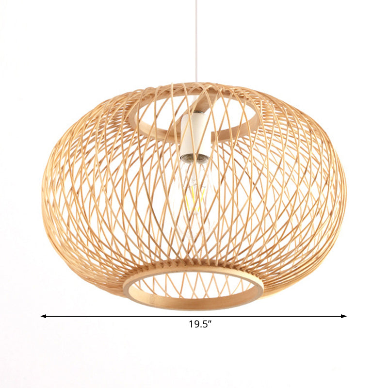 Bamboo Rounded Drum Pendant Lighting Asian Style 1 Bulb Hanging Lamp for Living Room, 16