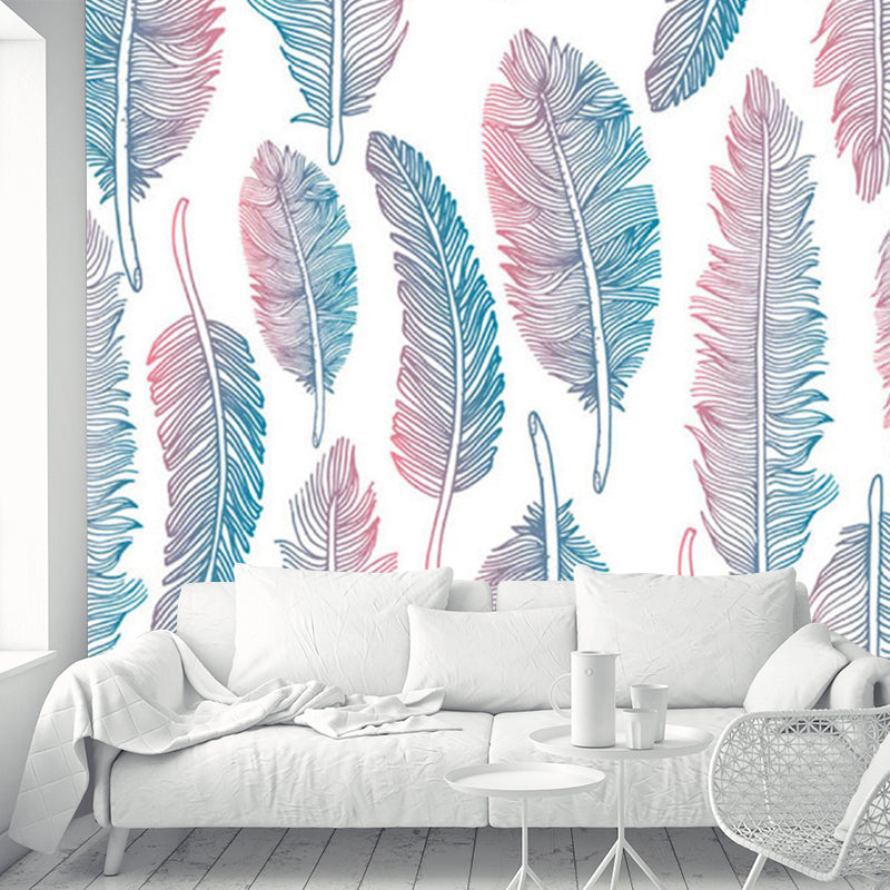 Pink-Blue Feathers Wallpaper Murals Moisture Resistant Modern Living Room Wall Art Pink-Blue Clearhalo 'Wall Decor' 'Wall Mural' 1211441