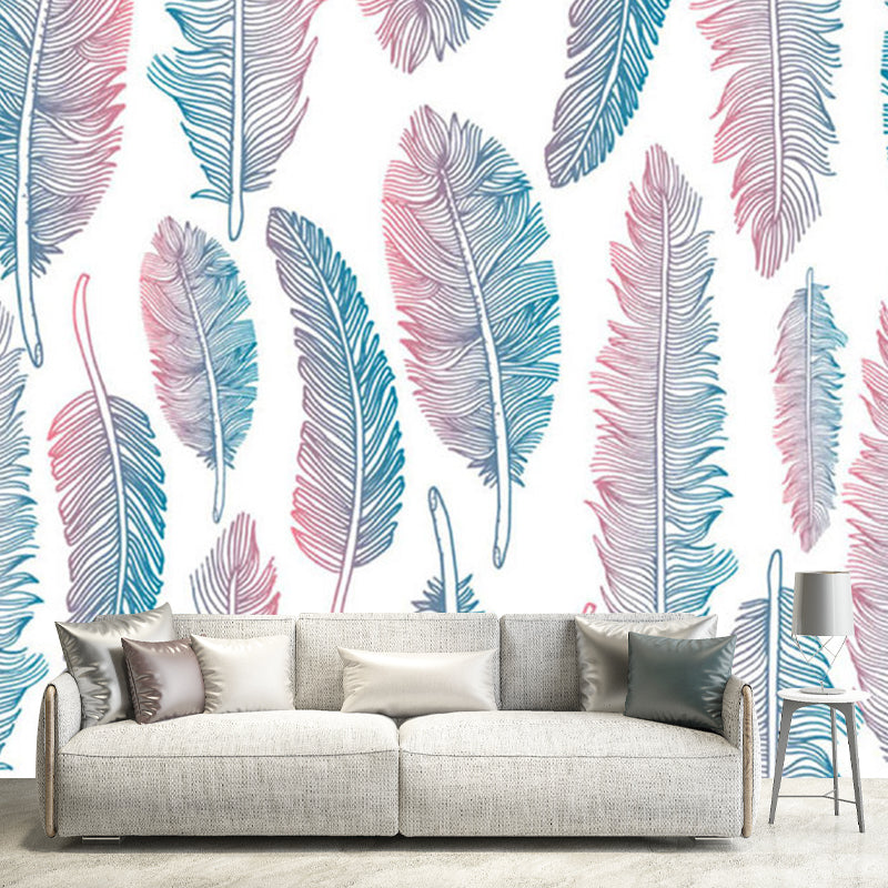 Pink-Blue Feathers Wallpaper Murals Moisture Resistant Modern Living Room Wall Art Clearhalo 'Wall Decor' 'Wall Mural' 1211442