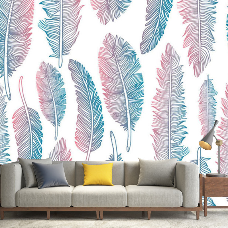 Pink-Blue Feathers Wallpaper Murals Moisture Resistant Modern Living Room Wall Art Clearhalo 'Wall Decor' 'Wall Mural' 1211443