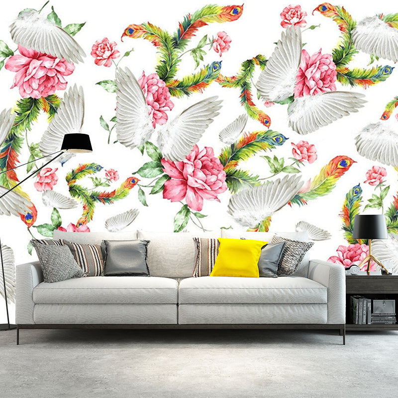 Pink-Green Wing Murals Wallpaper Flower with Feather Modern Dec0rative Wall Art for Bedroom Pink-Green Clearhalo 'Wall Decor' 'Wall Mural' 1211472