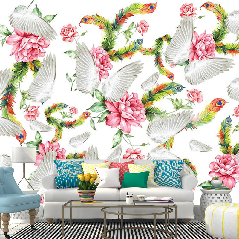 Pink-Green Wing Murals Wallpaper Flower with Feather Modern Dec0rative Wall Art for Bedroom Clearhalo 'Wall Decor' 'Wall Mural' 1211473