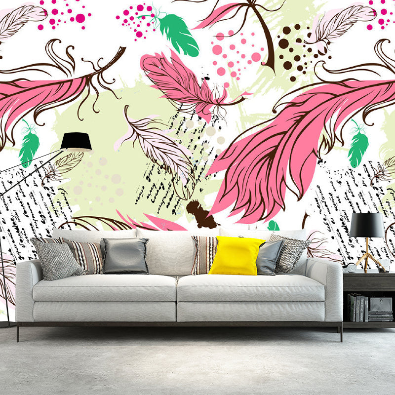 Extra Large Feather Wall Murals Stain Resistant Modernism Living Room Wall Decor Pink-Green Clearhalo 'Wall Decor' 'Wall Mural' 1211488