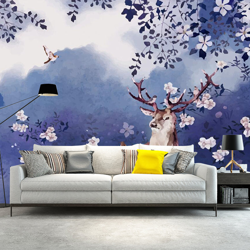 Purple Art Deco Wall Paper Murals Large Deer in Flower Field Wall Covering for Bedroom Purple Clearhalo 'Wall Decor' 'Wall Mural' 1211509