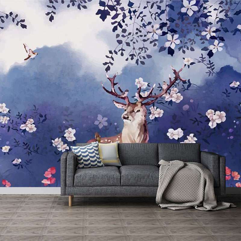 Purple Art Deco Wall Paper Murals Large Deer in Flower Field Wall Covering for Bedroom Clearhalo 'Wall Decor' 'Wall Mural' 1211510