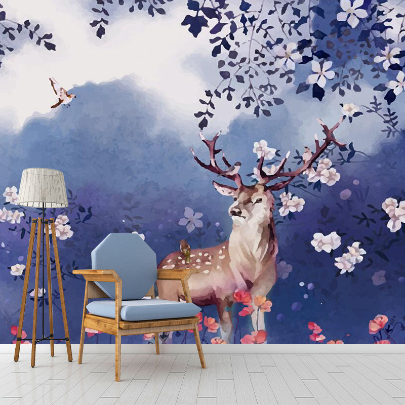 Purple Art Deco Wall Paper Murals Large Deer in Flower Field Wall Covering for Bedroom Clearhalo 'Wall Decor' 'Wall Mural' 1211511