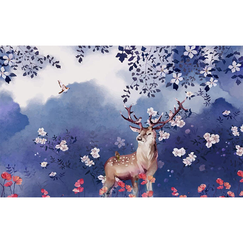 Purple Art Deco Wall Paper Murals Large Deer in Flower Field Wall Covering for Bedroom Clearhalo 'Wall Decor' 'Wall Mural' 1211512