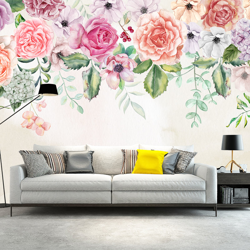 Flower Pattern Murals Contemporary Non-Woven Fabric Wall Covering in Pink and Green Pink-Green Clearhalo 'Wall Decor' 'Wall Mural' 1211522