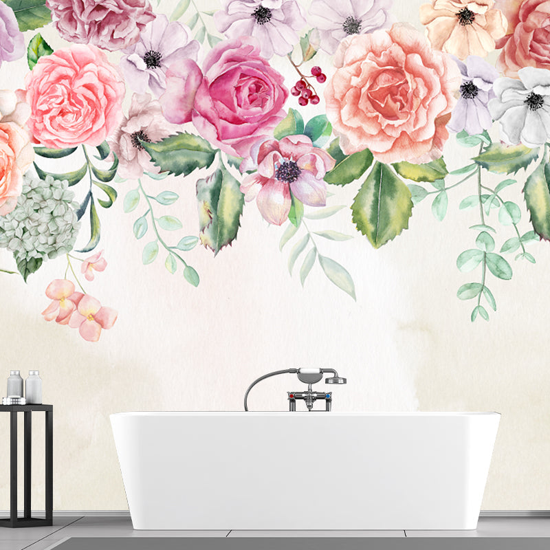 Flower Pattern Murals Contemporary Non-Woven Fabric Wall Covering in Pink and Green Clearhalo 'Wall Decor' 'Wall Mural' 1211523