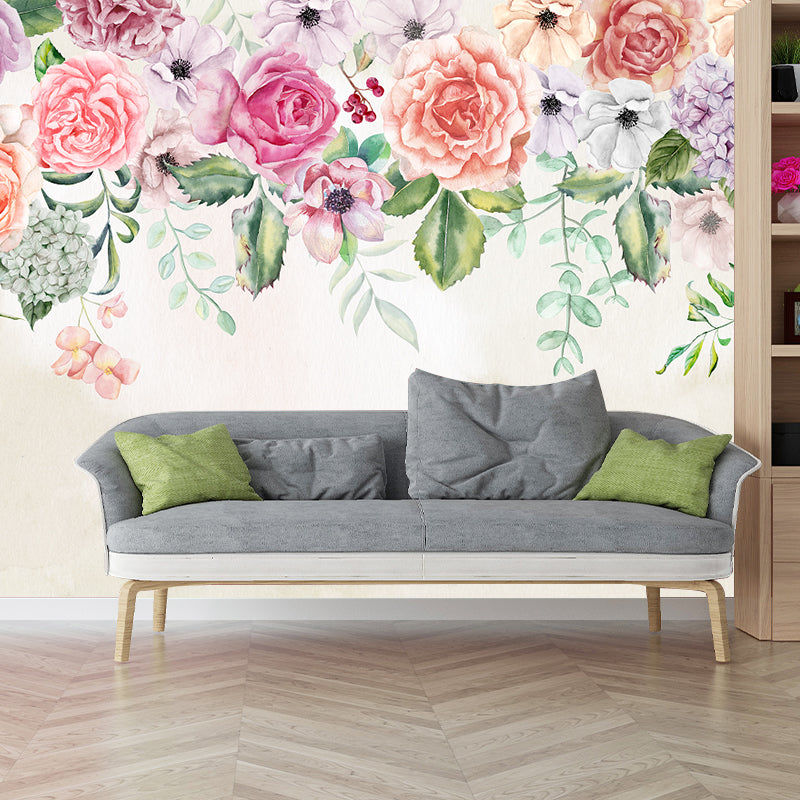 Flower Pattern Murals Contemporary Non-Woven Fabric Wall Covering in Pink and Green Clearhalo 'Wall Decor' 'Wall Mural' 1211524