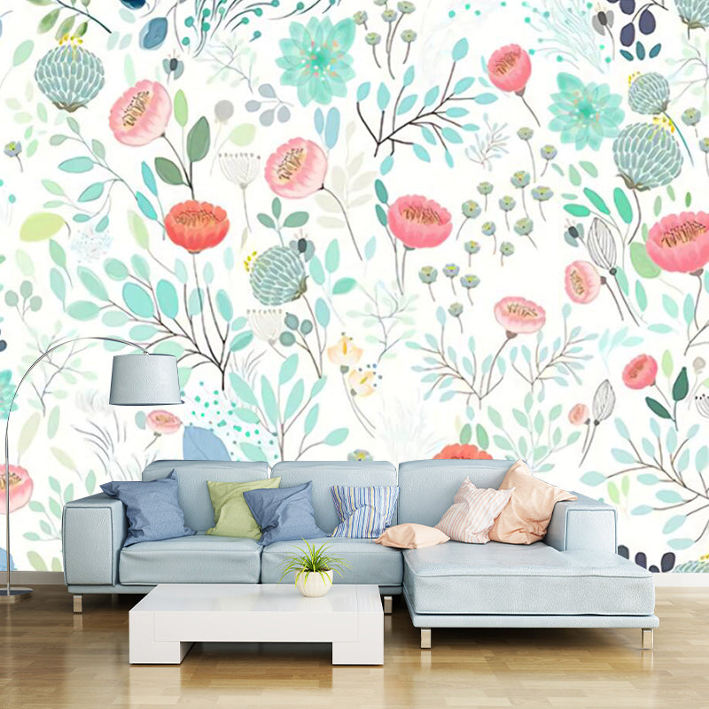 Floral Print Wall Covering Murals Pink and Green Stylish Wall Decor for Bedroom, Optional Size Clearhalo 'Wall Decor' 'Wall Mural' 1211532