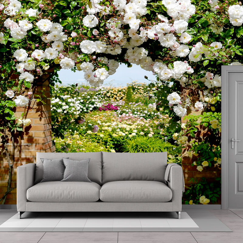 Photography Flower Archway Mural Decal for Living Room, Green and White, Custom Print Green-White Clearhalo 'Wall Decor' 'Wall Mural' 1211535