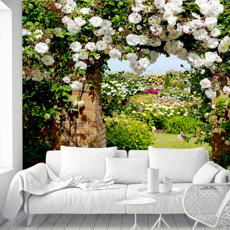 Photography Flower Archway Mural Decal for Living Room, Green and White, Custom Print Clearhalo 'Wall Decor' 'Wall Mural' 1211536