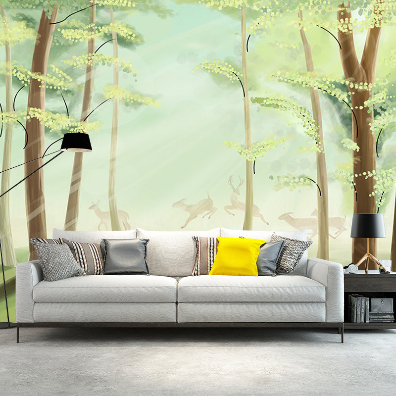 Non-Woven Waterproof Mural Nordic Flock of Deer in Misty Forest Pattern Wall Decor, Green Green Clearhalo 'Wall Decor' 'Wall Mural' 1211548