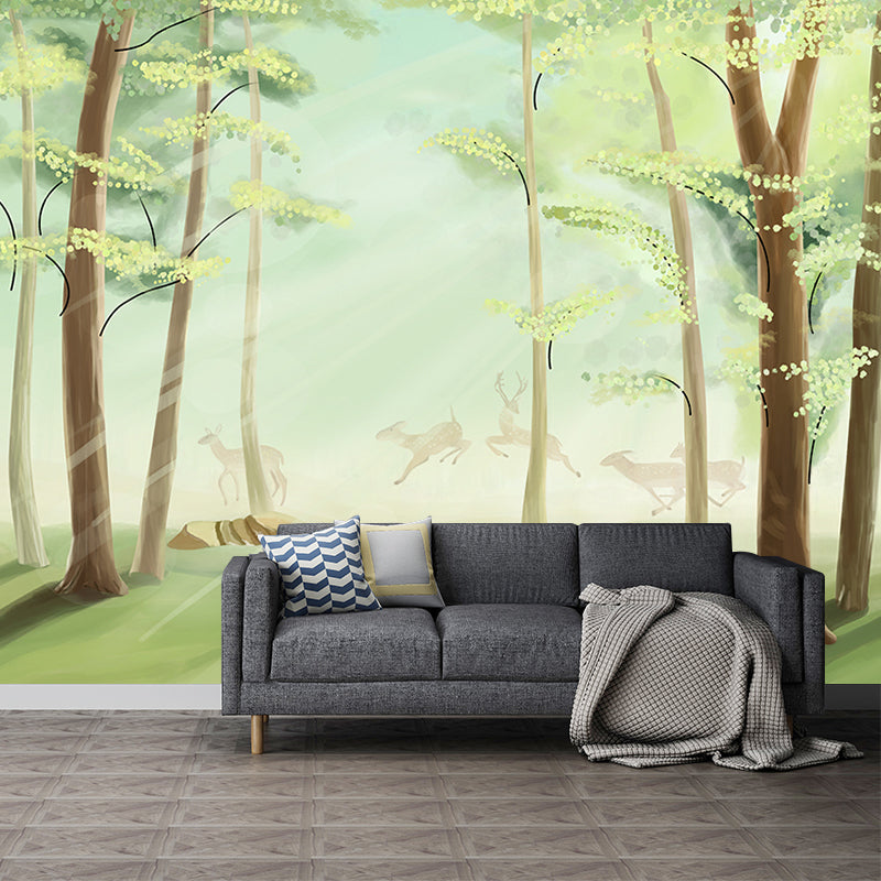 Non-Woven Waterproof Mural Nordic Flock of Deer in Misty Forest Pattern Wall Decor, Green Clearhalo 'Wall Decor' 'Wall Mural' 1211549