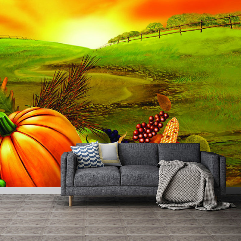 Food Harvest at Dusk Murals Wallpaper Farmhouse Non-Woven Wall Covering in Orange-Green Orange-Green Clearhalo 'Wall Decor' 'Wall Mural' 1211560