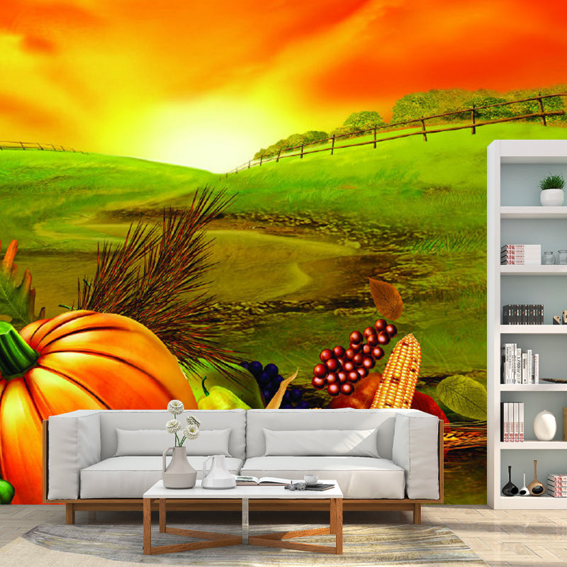 Food Harvest at Dusk Murals Wallpaper Farmhouse Non-Woven Wall Covering in Orange-Green Clearhalo 'Wall Decor' 'Wall Mural' 1211561