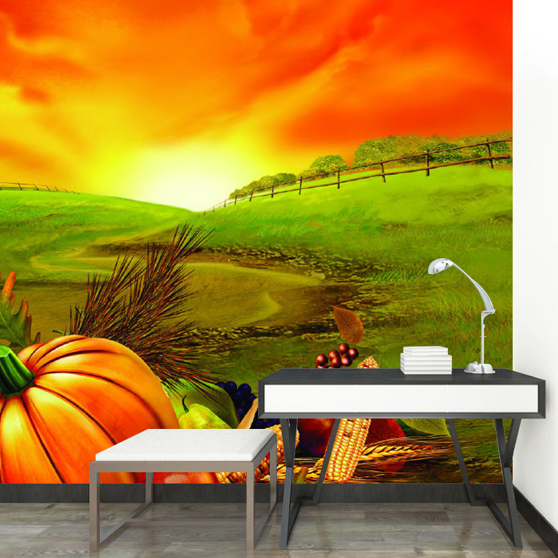 Food Harvest at Dusk Murals Wallpaper Farmhouse Non-Woven Wall Covering in Orange-Green Clearhalo 'Wall Decor' 'Wall Mural' 1211562