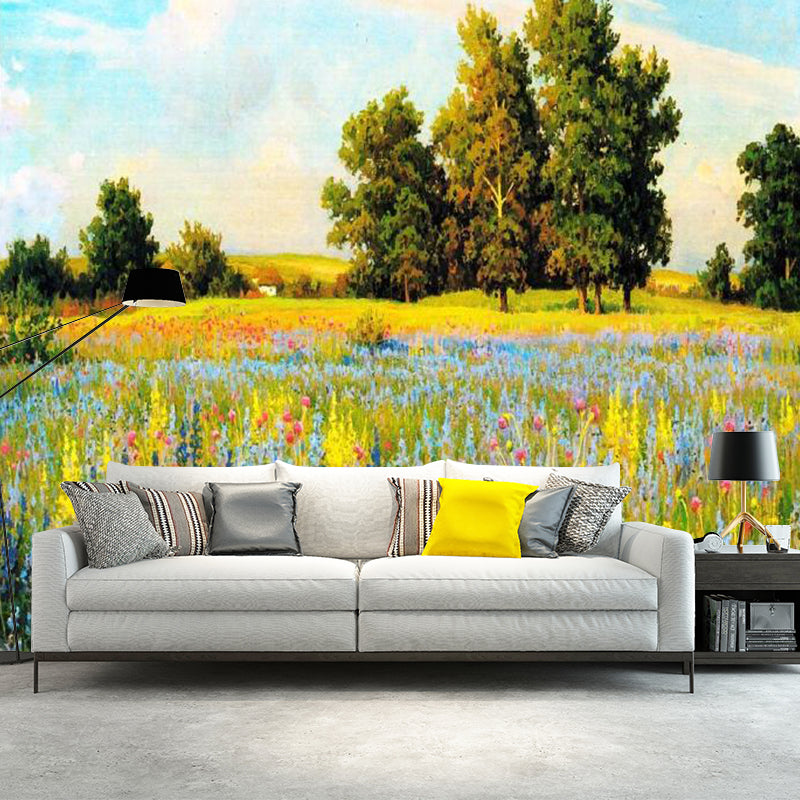 Rustic Autumn Landscape Painting Mural Yellow-Green Living Room Wall Decor, Custom Size Yellow-Green Clearhalo 'Wall Decor' 'Wall Mural' 1211568