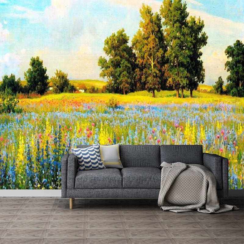 Rustic Autumn Landscape Painting Mural Yellow-Green Living Room Wall Decor, Custom Size Clearhalo 'Wall Decor' 'Wall Mural' 1211569