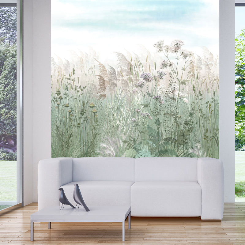 Reed Grass Plant Wall Murals Countryside Non-Woven Material Wall Covering in Grey-Green Gray-Green Clearhalo 'Wall Decor' 'Wall Mural' 1211576