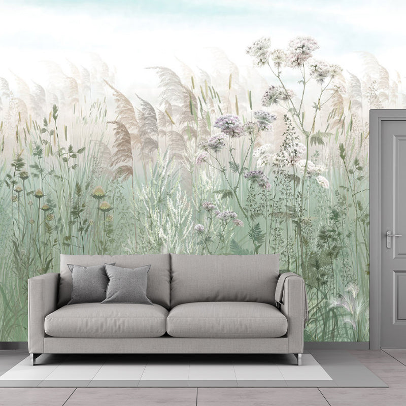 Reed Grass Plant Wall Murals Countryside Non-Woven Material Wall Covering in Grey-Green Clearhalo 'Wall Decor' 'Wall Mural' 1211577