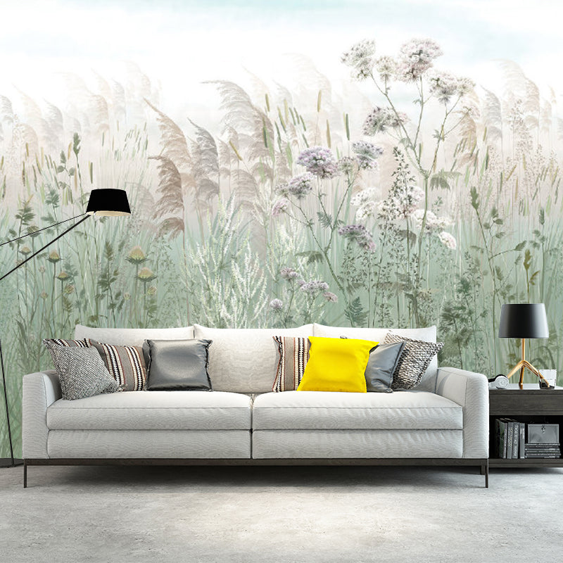 Reed Grass Plant Wall Murals Countryside Non-Woven Material Wall Covering in Grey-Green Clearhalo 'Wall Decor' 'Wall Mural' 1211578