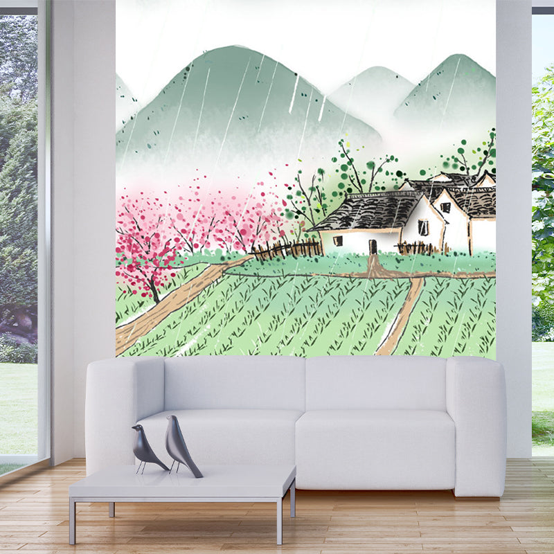 Rural Scenery Farmland Murals Pink-Green Moisture Resistant Wall Art for Living Room Pink-Green Clearhalo 'Wall Decor' 'Wall Mural' 1211584