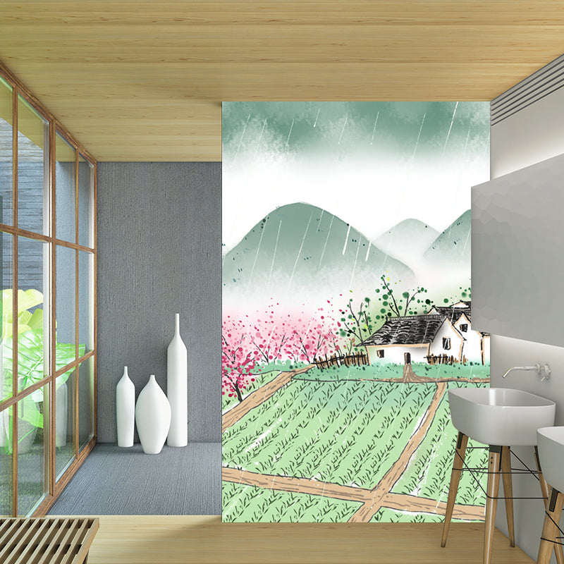 Rural Scenery Farmland Murals Pink-Green Moisture Resistant Wall Art for Living Room Clearhalo 'Wall Decor' 'Wall Mural' 1211585