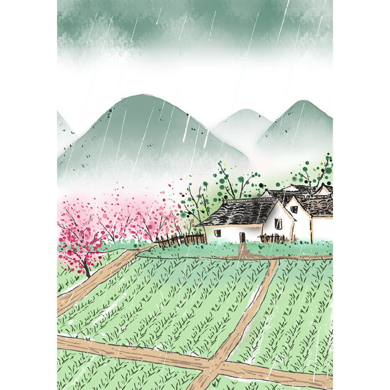 Rural Scenery Farmland Murals Pink-Green Moisture Resistant Wall Art for Living Room Clearhalo 'Wall Decor' 'Wall Mural' 1211587