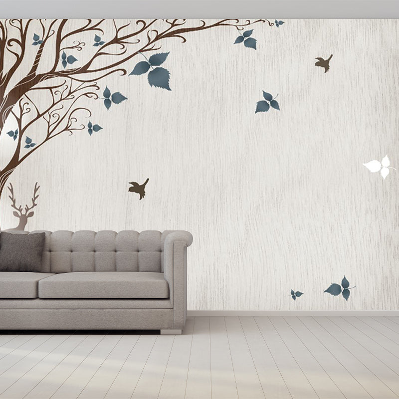 Grey-Blue Tree Wallpaper Murals Water Resistant Rustic Living Room Wall Art, Non-Woven Clearhalo 'Wall Decor' 'Wall Mural' 1211616