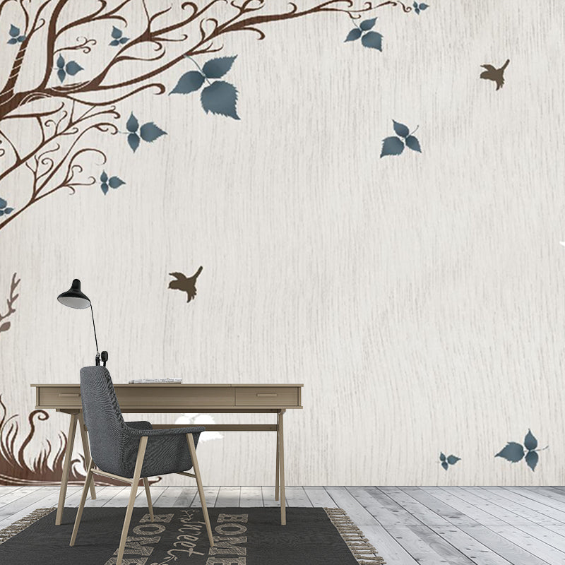 Grey-Blue Tree Wallpaper Murals Water Resistant Rustic Living Room Wall Art, Non-Woven Clearhalo 'Wall Decor' 'Wall Mural' 1211617