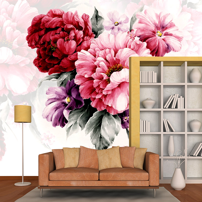 Whole Peony Blossom Wall Mural Decal Pink Non-Woven Wall Covering, Waterproof, Custom Size Clearhalo 'Wall Decor' 'Wall Mural' 1211634