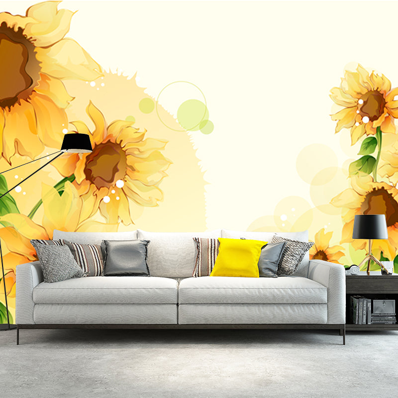 Sunflower Drawing Mural Wallpaper Yellow-Green Contemporary Wall Art for Bedroom Yellow-Green Clearhalo 'Wall Decor' 'Wall Mural' 1211644