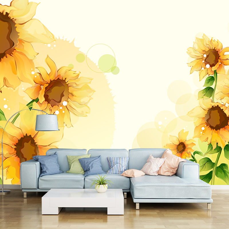 Sunflower Drawing Mural Wallpaper Yellow-Green Contemporary Wall Art for Bedroom Clearhalo 'Wall Decor' 'Wall Mural' 1211645