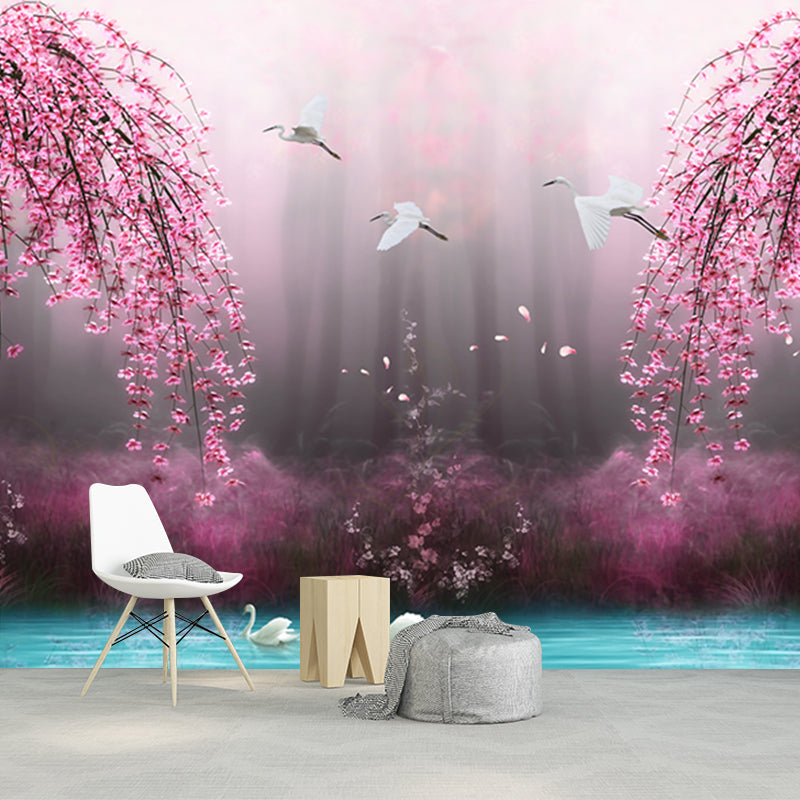 Beautiful Swan Lake Murals for Bedroom Cherry Blossom Wall Decor, Custom Size Available Pink-Blue Clearhalo 'Wall Decor' 'Wall Mural' 1211649