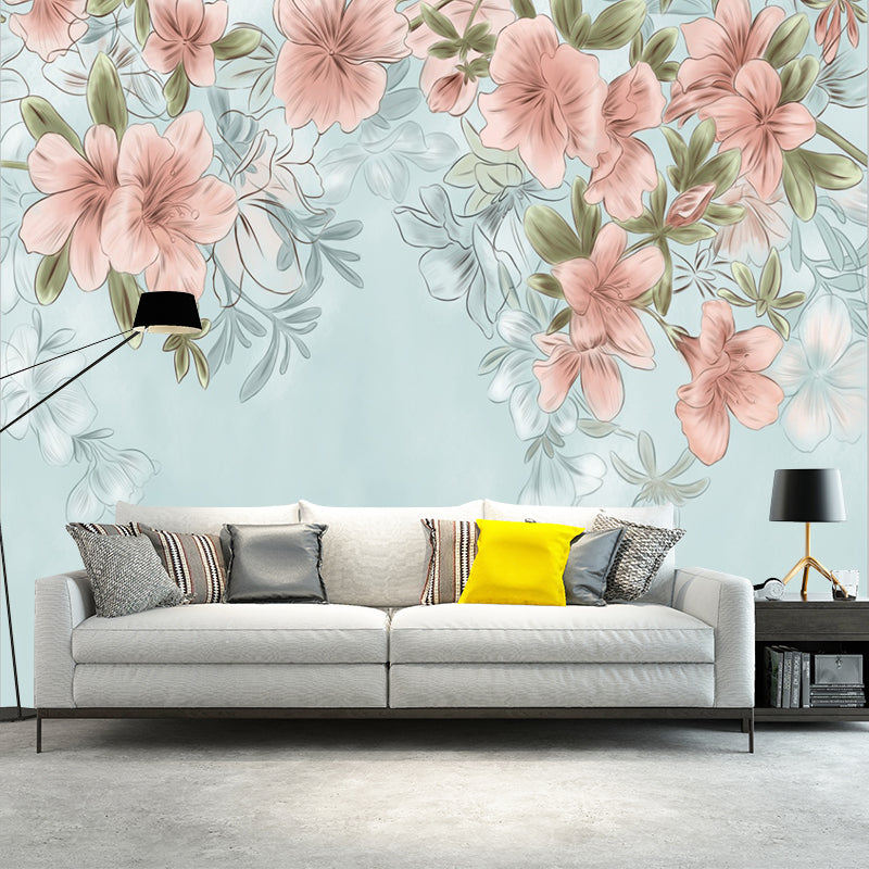 Country Girls Wallpaper Murals with Blooming Peach Pattern Pink and Blue Wall Decor Pink-Blue Clearhalo 'Wall Decor' 'Wall Mural' 1211666