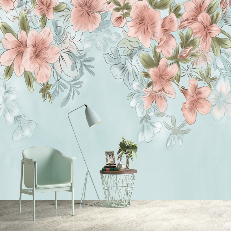 Country Girls Wallpaper Murals with Blooming Peach Pattern Pink and Blue Wall Decor Clearhalo 'Wall Decor' 'Wall Mural' 1211667