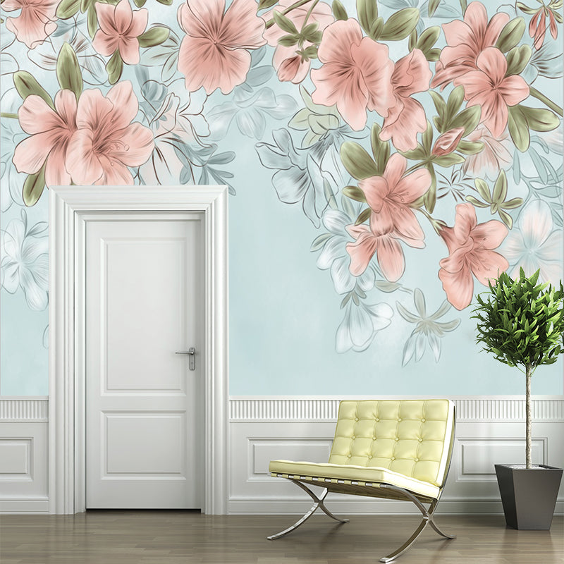 Country Girls Wallpaper Murals with Blooming Peach Pattern Pink and Blue Wall Decor Clearhalo 'Wall Decor' 'Wall Mural' 1211668