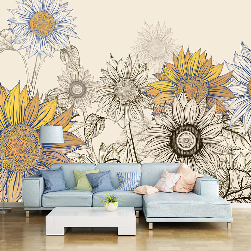 Modern Sketch Sunflower Mural Decal for Bedroom Personalized Wall Art in Yellow-Blue Yellow-Blue Clearhalo 'Wall Decor' 'Wall Mural' 1211671